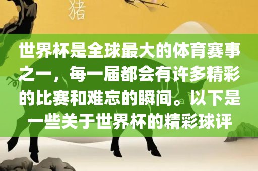 世界杯是全球最大的体育赛事之一，每一届都会有许多精彩的比赛和难忘的瞬间。以下是一些关于世界杯的精彩球评