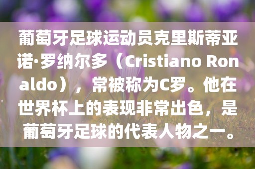 葡萄牙足球运动员克里斯蒂亚诺·罗纳尔多（Cristiano Ronaldo），常被称为C罗。他在世界杯上的表现非常出色，是葡萄牙足球的代表人物之一。