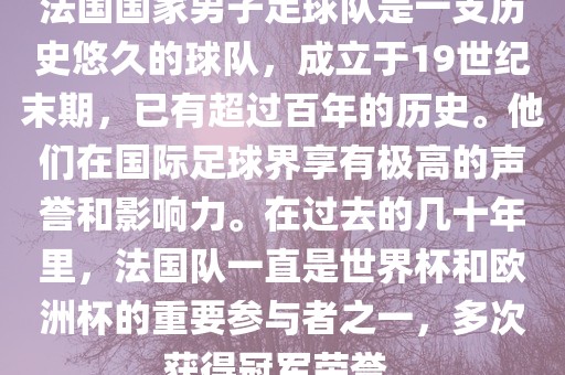 法国国家男子足球队是一支历史悠久的球队，成立于19世纪末期，已有超过百年的历史。他们在国际眉山市正发家政服务有限公司足球界享有极高的声誉和影响力。在过去的几十年里，法国队一直是世界杯和欧洲杯的重要参与者之一，多次获得冠军荣誉。