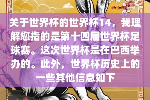 关于世界杯的世界杯14，我理解您指的是第十四届世界杯足球赛。这次世界杯是在巴西举办的。此外，世界杯历史上的一些其他信息如下