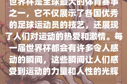 世界杯是全球最大的体育赛事之一，它不仅展示了各国优秀的足球运动员的技艺，还展现了人们对运动的热爱和激情。每一届世界杯都会有许多令人感动的瞬间，这些瞬间让人们感受到运动的力量和人性的光辉。