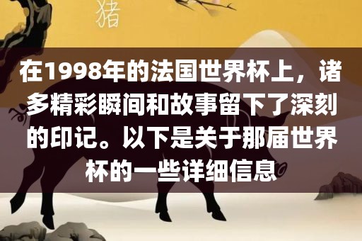 在1998年的法国世界杯上，诸多精彩瞬间和故事留下了深刻的印记。以下是关于那届世界杯的一些详细信息