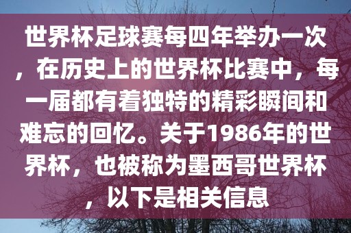 世界杯足球赛每四年举办一次，在历史上的世界杯比赛中，每一届都有着独特的精彩瞬间和难忘的回忆。关于1986年的世界杯，也被称为墨西哥世界杯，以下是相关信息