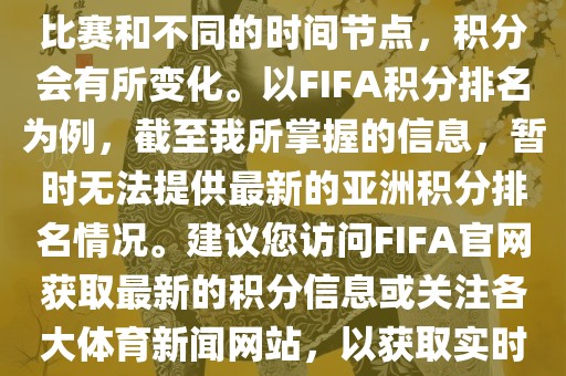 关于世界杯亚洲积分，不同的比赛和不同的时间节点，积分会有所变化。以FIFA积分排名为例，截至我所掌握的信息，暂时无法提供最新的亚洲积分排名情况。建议您访问FIFA官网获取最新的积分信息或关注各大体育新闻网站，以获取实时的世界杯亚洲积分排名。