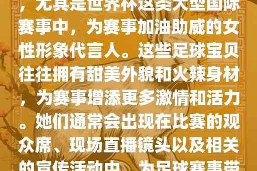足球宝贝指的是在足球赛事中，尤其是世界杯这类大型国际赛事中，为赛事加油助威的女性形象代言人。这些足球宝贝往往拥有甜美外貌和火辣身材，为赛事增添更多激情和活力。她们通常会出现在比赛的观众席、现场直播镜头以及相关的宣传活动中，为足球赛事带来了更多的关注度和话题性。