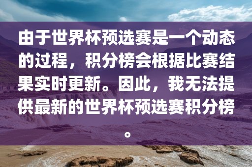 由于世界杯预选赛是一个动态的过程，积分榜会根据比赛结果实时更新。因此，我无法提供最新的世界杯预选赛积分榜。