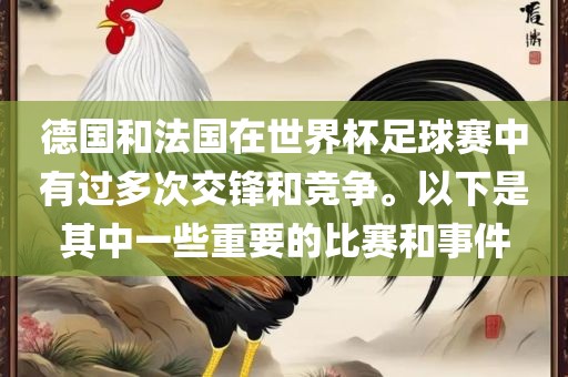 德国和法国在世界杯足球赛中有过多次交锋和竞争。以下是其中一些重要的比赛和事件