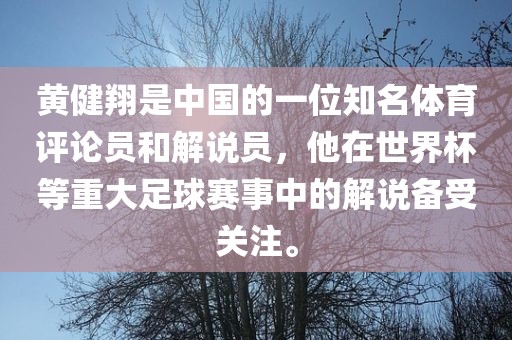 黄健翔是中国的一位知名体育评论员和解说员，他在世界杯等重大足球赛事中的解说备受关注。