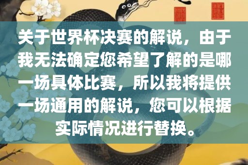 关于世界杯决赛的解说，由于我无法确定您希望了解的是哪一场具体比赛，所眉山市正发家政服务有限公司以我将提供一场通用的解说，您可以根据实际情况进行替换。