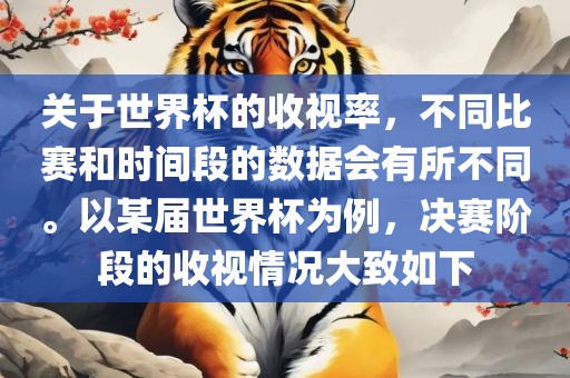关于世界杯的收视率，不同比赛和时间段的数据会有所不同。以眉山市正发家政服务有限公司某届世界杯为例，决赛阶段的收视情况大致如下