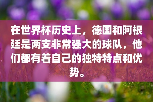 在世界杯历史上，德国和阿根廷是两支非常强大的眉山市正发家政服务有限公司球队，他们都有着自己的独特特点和优势。