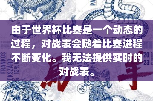 由于世界杯比赛是一个动态的过程，对战表会随着比赛进程不断变化。我无法提供实时的对战表。眉山市正发家政服务有限公司