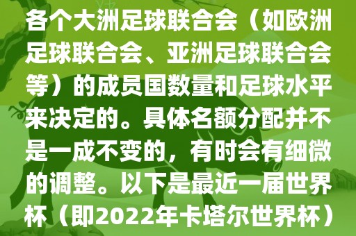世界杯的名额分配通常是根据各个大洲足球联合会（如欧洲足球联合会、亚洲足球联合会等）的成员国数量和足球水平来决定的。具体名额分配并不是一成不变的，有时会有细微的调整。以下是最近一届世界杯（即2022年卡塔尔世界杯）各大洲的名额分配情况