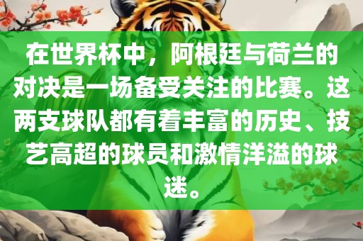 在世界杯中，阿根廷与荷兰的对决是眉山市正发家政服务有限公司一场备受关注的比赛。这两支球队都有着丰富的历史、技艺高超的球员和激情洋溢的球迷。