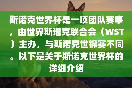 斯诺克世界杯是一项团队赛事，由世界斯诺克联合会（WST）主办，与斯诺克世锦赛不同。以下是关于斯诺克世界杯的详细介绍