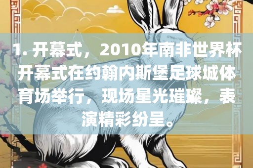 1. 开幕式，2010年南非世界杯开幕式在约翰内斯堡足球城体育场举行，现场星光璀璨，表演精彩纷呈。