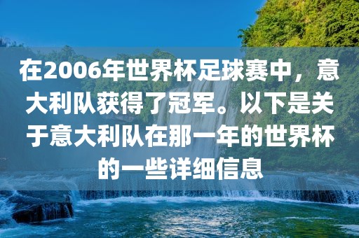 在2006年世界杯足球赛中，意大利队获得了冠军。以下是关于意大利队在那一年的世界杯的一些详细信息