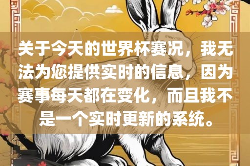 关于今天的世界杯赛况，我无法为您提供实时的信息，因为赛事每天都在变化，而且我不是一个实时更新的系统。