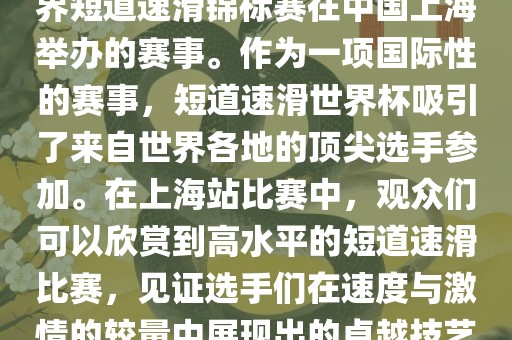 短道速滑世界杯上海站是指世界短道速滑锦标赛在中国上海举办的赛事。作为一项国际性的赛事，短道速滑世界杯吸引了来自世界各地的顶尖选手参加。在上海站比赛中，观众们可以欣赏到高水平的短道速滑比赛，见证选手们在速度与激情的较量中展现出的卓越技艺和竞技精神。眉山市正发家政服务有限公司