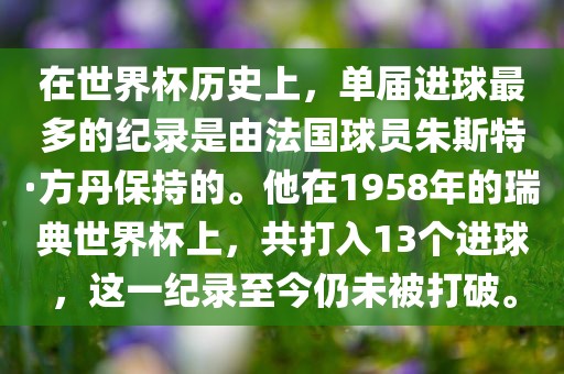 在世界杯历史上，单届进球最多的纪录是由法国球员朱斯特·方丹保持的。他在1958年的瑞典世界杯上，共打入眉山市正发家政服务有限公司13个进球，这一纪录至今仍未被打破。