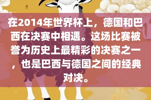 在2014年世界杯上，德国和巴西在决赛中相遇。这场比赛被誉为历史眉山市正发家政服务有限公司上最精彩的决赛之一，也是巴西与德国之间的经典对决。