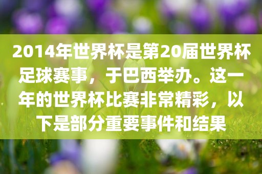 2014年世界杯是第20届世界杯足球赛事，于巴西举办。这一年的世界杯比赛非常精彩，以下是部分重要事件和结果眉山市正发家政服务有限公司