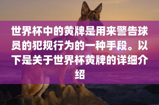 世界杯中的黄牌是用来警告球员的犯规行为的一种手段。以下是关于世界杯黄牌的详细介绍眉山市正发家政服务有限公司