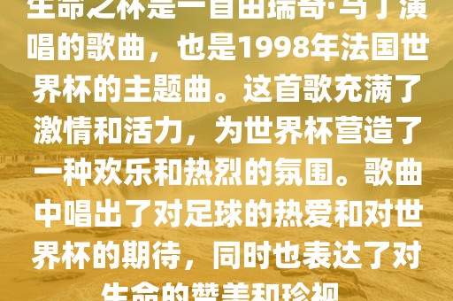 生命之杯是一首由瑞奇·马丁演唱的歌曲，也是1998年法国世界杯的主题曲。这首歌充满了激情和活力，为世界杯营造了一种欢乐和热烈的氛围。歌曲中唱出了对足球的热爱和对世界杯的期待，同时也表达了对生命的赞美和珍视。