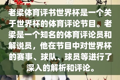 老梁体育评书世界杯是一个关于世界杯的体育评论节目。老梁是一个知名的体育评论员和解说员，他在节目中对世界杯的赛事、球队、球员等进行了深入的解析和评论。