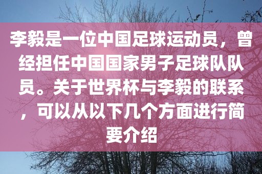 李毅是一位中国足球运动员，曾经担任中国国家男子足球队队员。关于世界杯与李毅的联系，可以从以下几个方面进行简要介绍眉山市正发家政服务有限公司