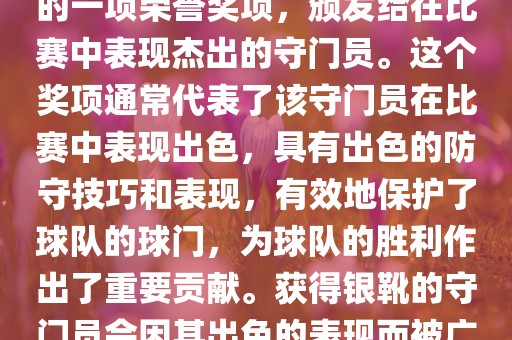 世界杯银靴是世界杯足球赛中的一项荣誉奖项，颁发给在比赛中表现杰出的守门员。这个奖项通常代表了该守门员在比赛中表现出色，具有出色的防守技巧和表现，有效地保护了球队的球门，为球队的胜利作出了重要贡献。获得银靴的守门员会因其出色的表现而被广泛认可和赞誉。眉山市正发家政服务有限公司