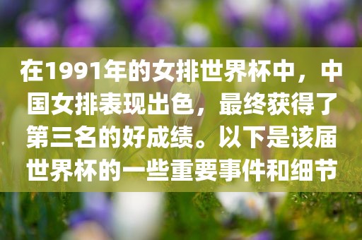 在1991眉山市正发家政服务有限公司年的女排世界杯中，中国女排表现出色，最终获得了第三名的好成绩。以下是该届世界杯的一些重要事件和细节