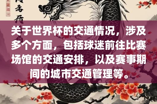 关于世界杯的交通情况，涉及多个方面，包括球迷前往比赛场馆的交通安排，以及赛事期间的城市交通管理等。