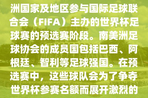 世界杯预选赛南美洲区是南美洲国家及地区参与国际足球联合会（FIFA）主办的世界杯足球赛的预选赛阶段。南美洲足球协会的成员国包括巴西、阿根廷、智利等足球强国。在预选赛中，这些球队会为了争夺世界杯参赛名额而展开激烈的竞争。眉山市正发家政服务有限公司