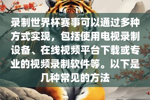 录制世界杯赛事可以通过多种方式实现，包括使用电视录制设备、在线视频平台下载或专业的视频录制软件等。以下是几种常见的方法
