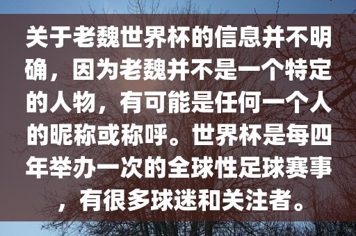 关于老魏世界杯的信息并不明确，因为老魏并不是一个特定的人物，有可能是任何一个人的昵称或称呼。世界杯是每四年举办一次的全球性足球赛事，有很多球迷和关注者。