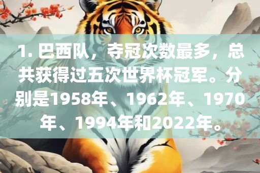 1. 巴西队，夺冠次数最多，总共获得过五次世界杯冠军。分别是1958年、1962年、1970年、1994年和2022年。