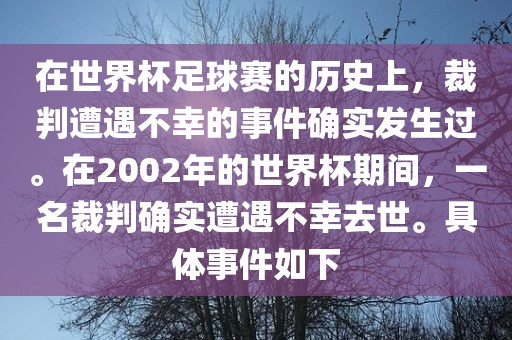 在世界杯足球赛的历史上，裁判遭遇不幸的事件确实发生过。在2002年的世界杯期间，一名裁判确实遭遇不幸去世。具体事件如下