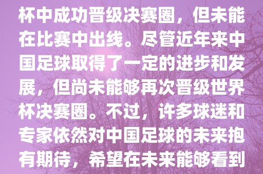 中国足球队在世界杯的表现历程中，仅在2002年的韩日世界杯中成功晋级决赛圈，但未能在比赛中出线。尽管近年来中国足球取得了一定的进步和发展，但尚未能够再次晋级世界杯决赛圈。不过，许多球迷和专家依然对中国足球的未来抱有期待，希望在未来能够看到中国足球队再次出现在世界杯的赛场上。
