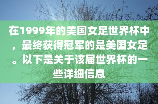 在1999年的美国女足世界杯中，最终获得冠军的是美国女足。以下是关于该届世界杯的一些详细信息眉山市正发家政服务有限公司