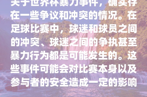 关于世界杯暴力事件，确实存在一些争议和冲突的情况。在足球比赛中，球迷和球员之间的冲突、球迷之间的争执甚至暴力行为都是可能发生的。这些事件可能会对比赛本身以及参与者的安全造成一定的影响。