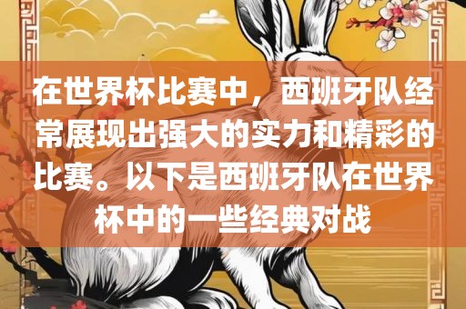 在世界杯比赛中，西班牙队经常展现出强大的实力和精彩的比赛。以下是西班牙队在世界杯中的一些经典对战