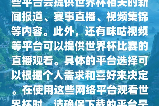 世界杯网络平台包括但不限于央视新闻、抖音、快手等。这些平台会提供世界杯相关的新闻报道、赛事直播、视频集锦等内容。此外，还有咪咕视频等平台可以提供世界杯比赛的直播观看。具体的平台选择可以根据个人需求和喜好来决定。在使用这些网络平台观看世界杯时，请确保下载的平台是官方正版，以保证良好的观赛体验。