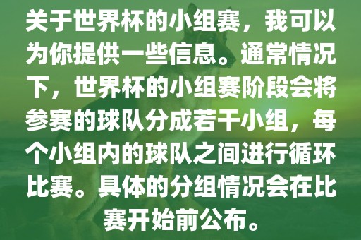 关于世界杯的小组赛，我可以为你提供一些信息。通常情况下，世界杯的小组赛阶段会将参赛的球队分成若干小组，每个小组内的球队之间进行循环比赛。具体的分组情况会在比赛开始前公布。