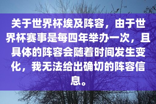 关于世界杯埃及阵容，由于世界杯赛事是每四年举办一次，且具体的阵容会随着时间发生变化，我无法给出确切的阵容信息。